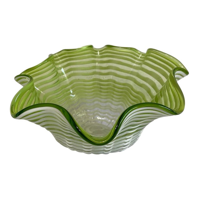 1960s Italian Cased Glass Swirl Ruffle Decorative Bowl For Sale