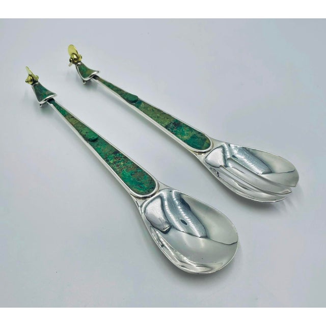1980s 1980s Emilia Castillo for Los Castillo Silver-Plated & Malachite Bird Serving Utensils For Sale - Image 5 of 15