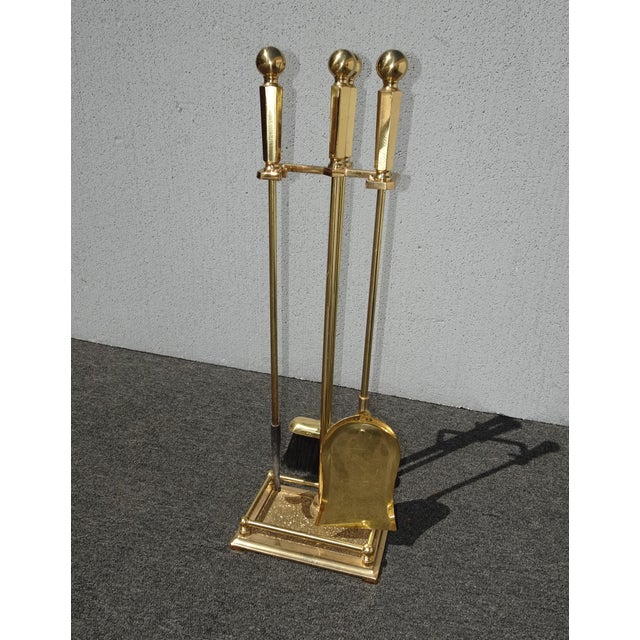 Vintage French Country Gold Brass Fireplace Tools W Three Tools For Sale - Image 4 of 12