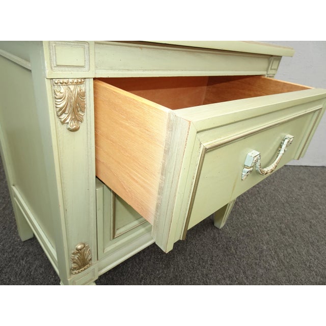 Vintage French Louis Style Lite Green Nightstand W Brass Handles For Sale - Image 9 of 13