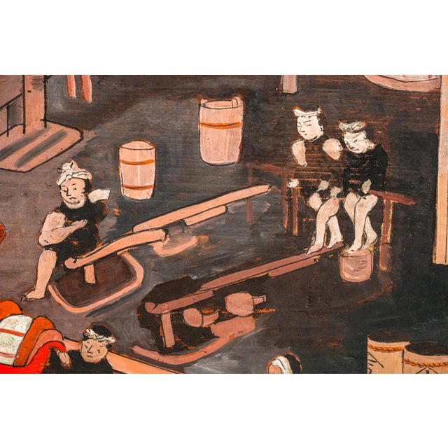 1910s Incredible Antique Japanese Hand Painted Tsuitate Wood Table Screen Traditional Sake Brewery Scene Japan Asian Home Decor For Sale - Image 5 of 16