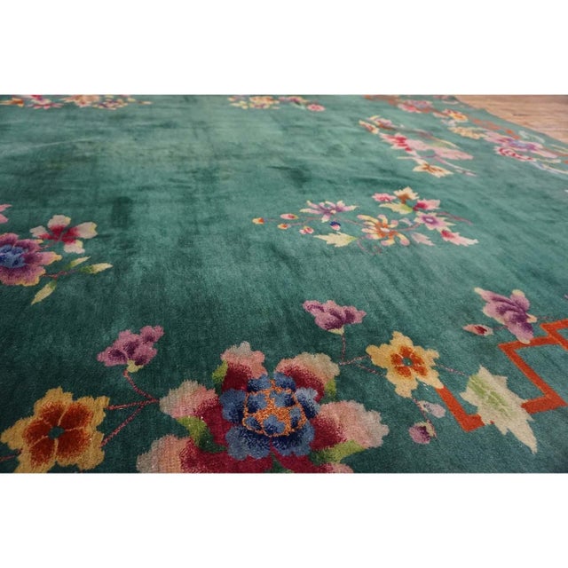 1920s Green Open Field Modern Antique Chinese Art Deco Carpet Room Size Rug For Sale - Image 4 of 9