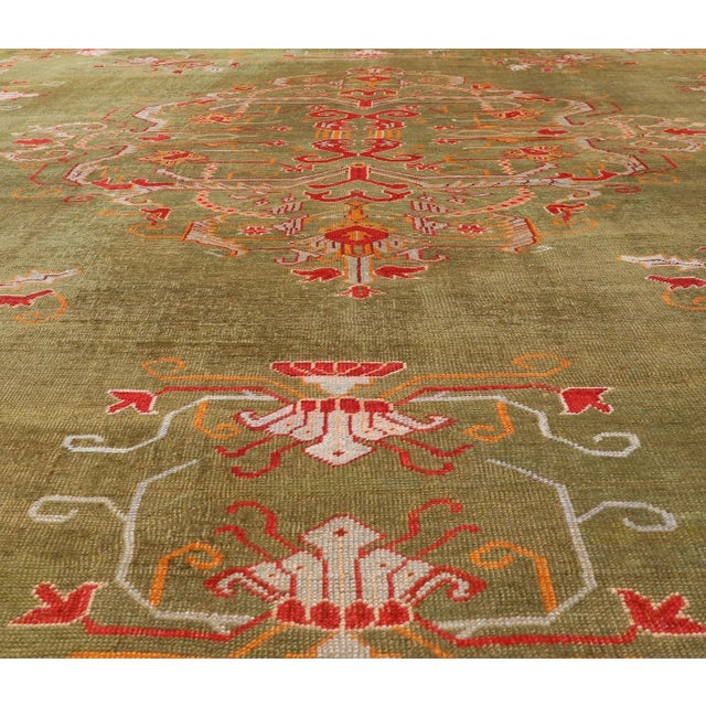 Tribal Antique Turkish Oushak Rug in Green Field, Red, Orange & Rich Colorful Accent For Sale - Image 3 of 12