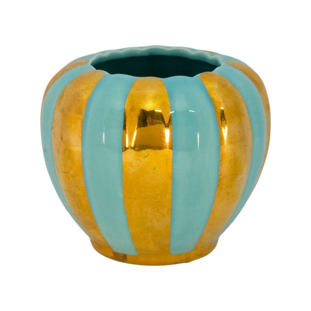 California Pottery 1950 California Art Pottery Turquoise and Gold Lobed Vase, Attributed to Tudor For Sale - Image 4 of 7