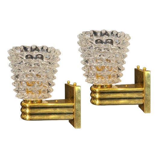 Brass and Glass Murano Wall Sconces, 1980, Set of 2 For Sale