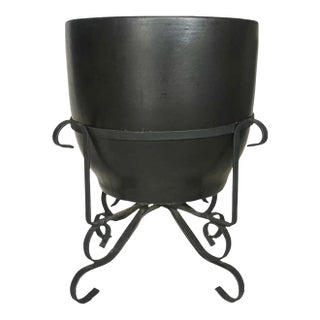 1960s Satin Black Planter in Iron Stand by Gainey Ceramics For Sale
