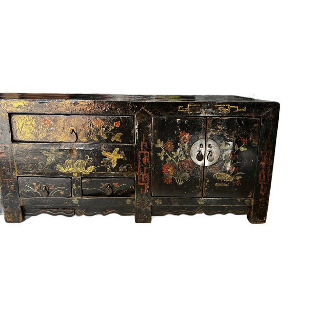 Black Antique Chinese Painted Lacquer Low Cabinet For Sale - Image 8 of 12