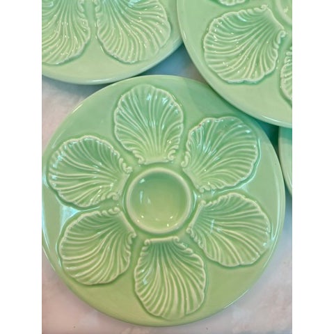 French Country Vintage French Green Majolica Oyster Plate, Proceram For Sale - Image 3 of 13