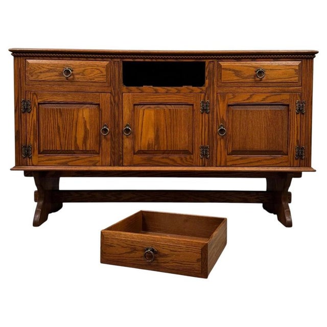 Antique Early 20th Century English Golden Oak Sideboard with Trestle Base For Sale - Image 6 of 13