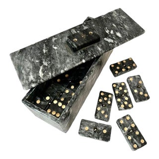 Domino Set of Carrara Marble in Lidded Marble Casket Case For Sale