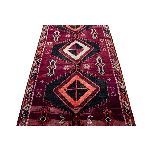 Tribal 1960s Vintage Azeri Handmade Burgundy Wool Runner With Tribal Pattern For Sale - Image 3 of 8