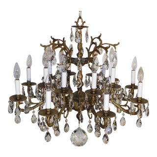 Vintage 1940s French Bronze 8 Arm 16 Light Cut Lead Crystal Chandelier For Sale