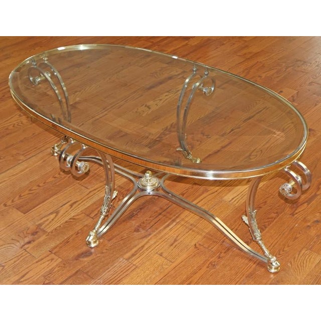 1980s 1980s Steel & Brass Glass Top Coffee Cocktail Table Attributed to Labarge For Sale - Image 5 of 11