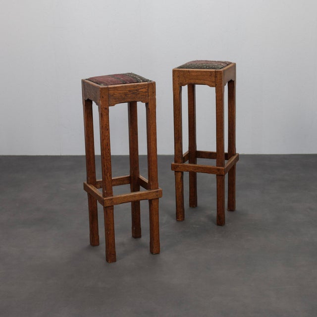 Brown Art Deco Dutch Oak Bar Stools with Upholstered Seats, 1930s, Set of 2 For Sale - Image 8 of 8