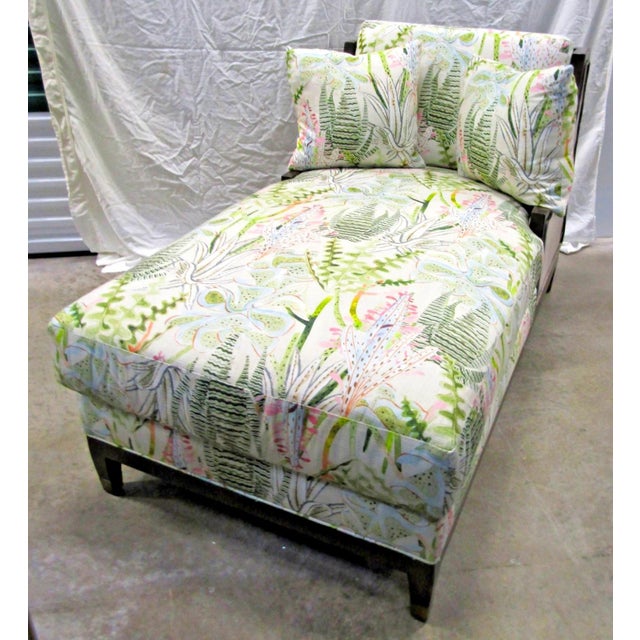 2010s Ballard Designs Chaise Lounge Dark Wood Frame Upholstered Freya Multi Botanical For Sale - Image 5 of 12