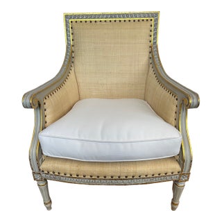 Raffia & Grey Painted Wood Club Chair by Oly Studio For Sale
