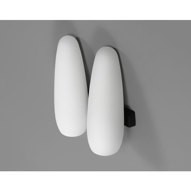 A scarce wall lamp designed by louis kalff in the mid-1950s for philips, netherlands. It comprises two tall satin etched...