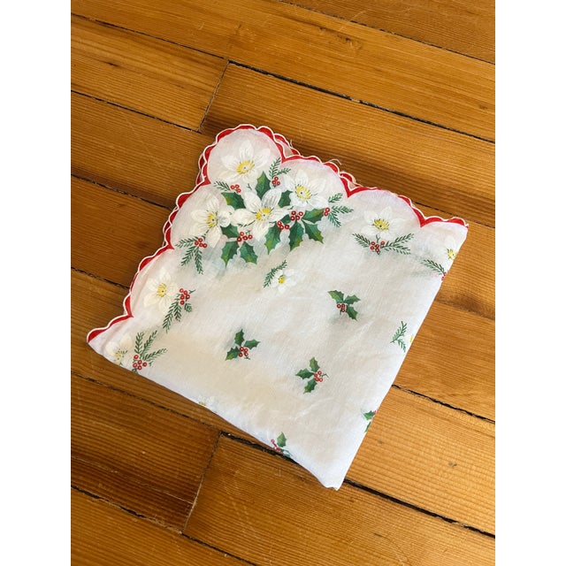Traditional Vintage Holly Handkerchief With Scalloped Edges – Christmas Hankie For Sale - Image 3 of 3