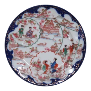Japanese Porcelain Blue and Red Asian Geisha Village Decorative Plate