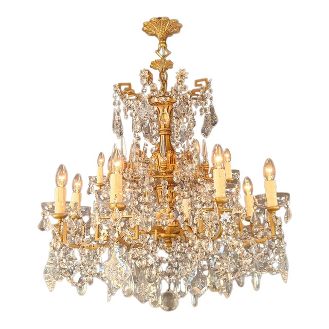 Antique Louis XVI Revival Crystal Chandelier Giltwood and Brass Circa 1890 For Sale