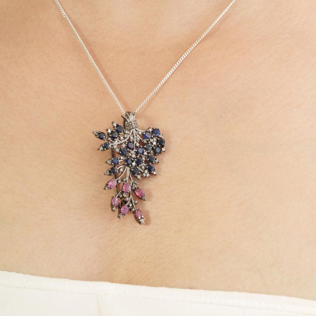 Late Victorian Style 5 Ct Blue Sapphire, Ruby & Diamond Jeweled Spray Brooch Pendant For Sale - Image 10 of 14