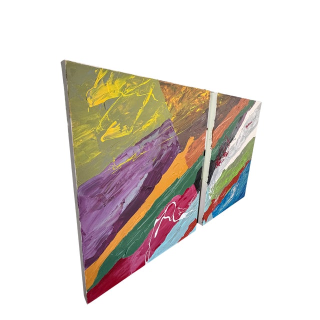 Late 20th Century Original Signed Elbirt Abstract Expressionist Diptych – Vibrant Impasto Contemporary Art on Canvas For Sale - Image 4 of 8