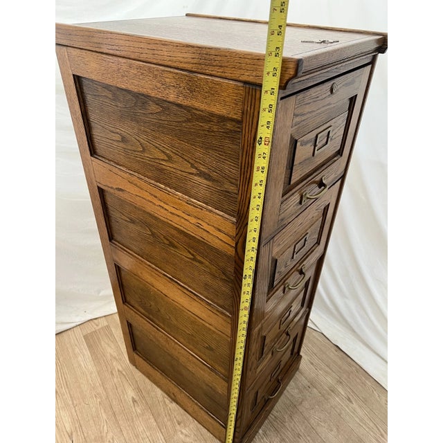 Vintage Tiger Oak File Cabinet Four Drawers One Locks Paneled Sides Legal SIze For Sale - Image 9 of 12