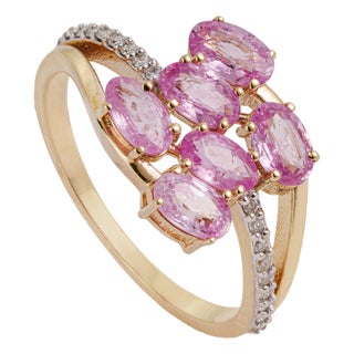 Art Nouveau 14k Yellow Gold 1.66ct Pink Sapphire & Diamond Cluster Bypass Ring Size 5 For Sale