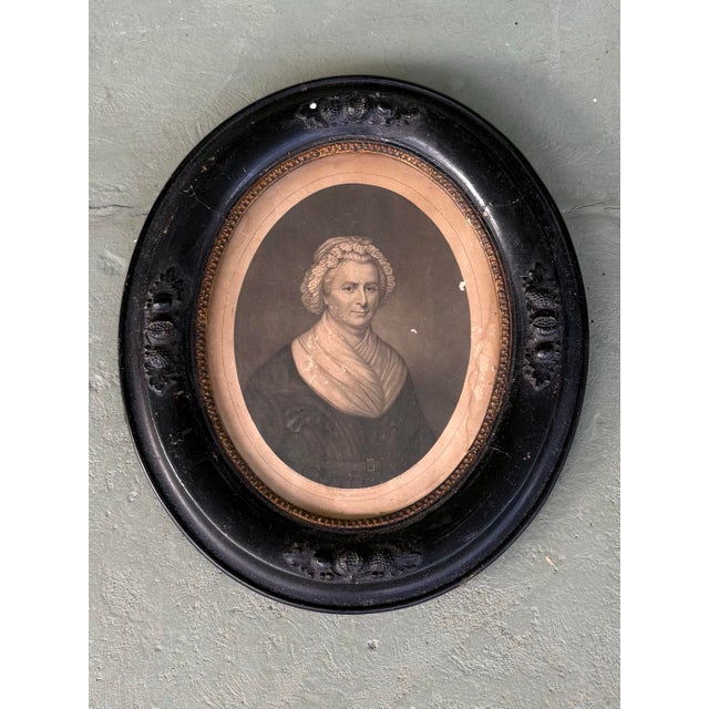 American Antique Oval Portrait Prints of George Washington & Martha Washington — Pair, Early 19th Century, Black Ebonized Frames For Sale - Image 3 of 12