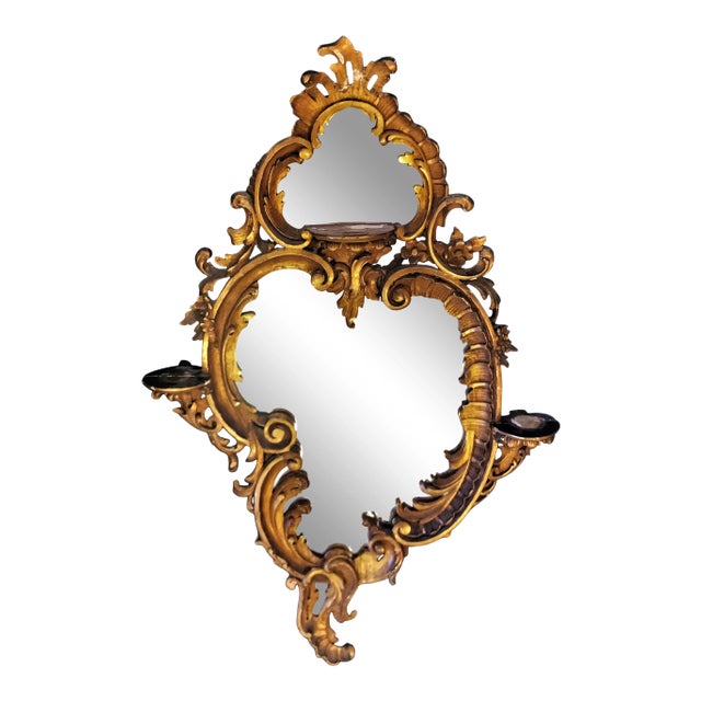 Early 19th Century Victorian Mirror With Elaborate Beveled Edge, Staggered Candle Shelves, and Gilt Wood Finish For Sale