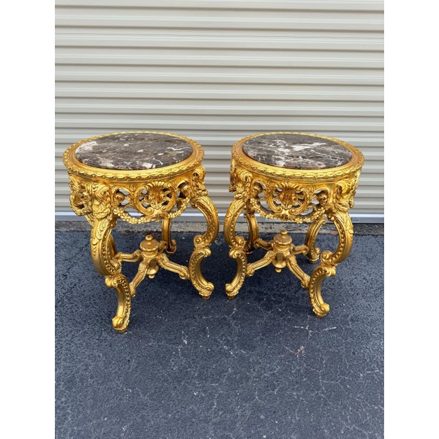 1960s 1960s Pair of French Rococo Marble Top Accent Tables Gilded Carved Side Tables For Sale - Image 5 of 5