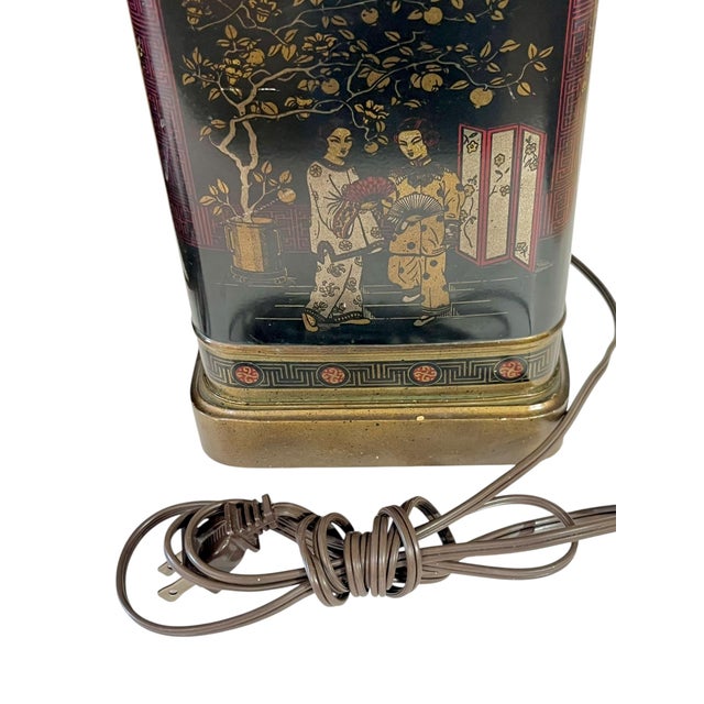 Frederick Cooper Mid 20th Century Pair Frederick Cooper Style Black Chinoiserie English Tin Tea Caddy Lamps With Original Shades For Sale - Image 4 of 18