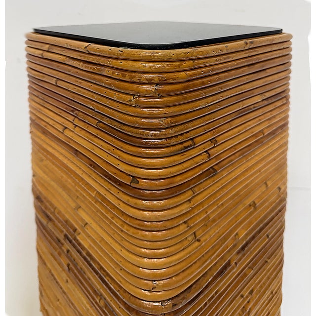 Gabriella Crespi Vintage Pencil Reed Rattan Pedestal With Black Glass For Sale - Image 4 of 6