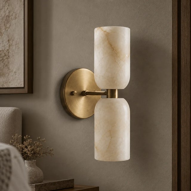 Not Yet Made - Made To Order Handcrafted Brass & Natural Alabaster Double Wall Sconces - Pair For Sale - Image 5 of 9