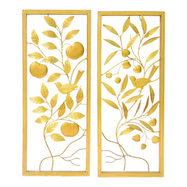 Midcentury Chinoiserie Golden Fruit & Bird Fretwork Wall Art, Pair For Sale