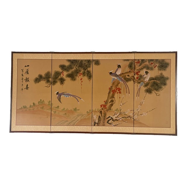 Vintage Hand-Painted 4-Panel Asian Folding Screen / Wall Art (1974) – Excellent Condition For Sale
