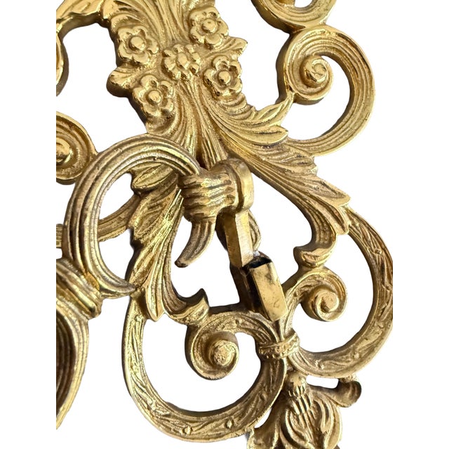 Brass Vintage Solid Brass Baroque Wall Sconces Pair -W/ Detachable Holders Heavyweight Made in India For Sale - Image 8 of 12