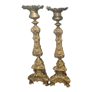 Large, Pair of Early 19th Century Brass Italian Repousse Rococo, Catholic Pricket Sticks / Floor Candle Holders