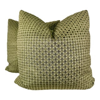 Geometric Cut Velvet in Green 22" Pillows-a Pair For Sale