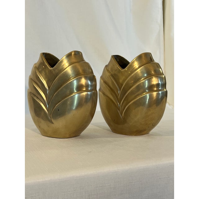 Vintage Hollywood Regency Art Deco Style Polished Brass Vases - A Pair Inspired by Dolbi Cashier. For Sale - Image 11 of 13