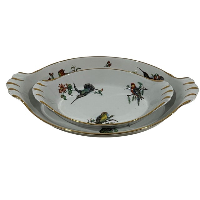 English Two Nesting Pillivuyt France Porcelain Bird Gratin Dishes Gold Trim Vintage For Sale - Image 3 of 9