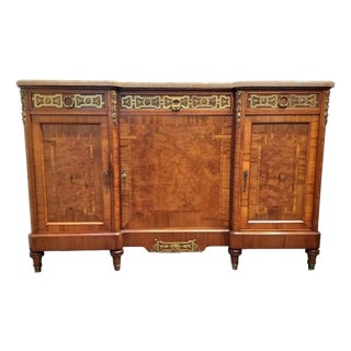 Belgian Louis XVI Style Marble Top Marquetry Sideboard With Decorative Brass For Sale