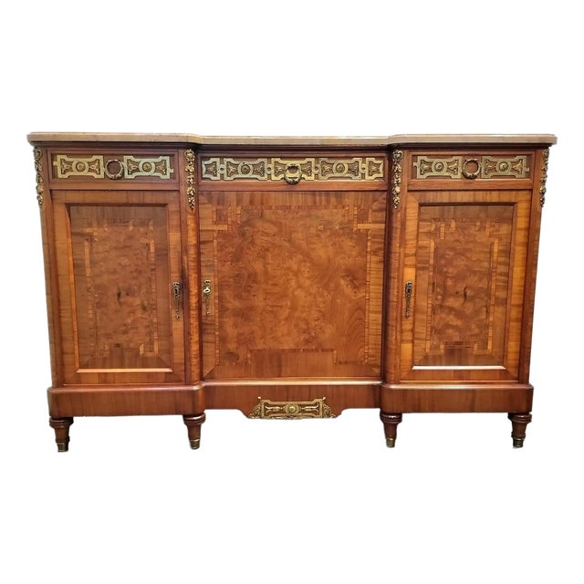 Belgian Louis XVI Style Marble Top Marquetry Sideboard With Decorative Brass For Sale