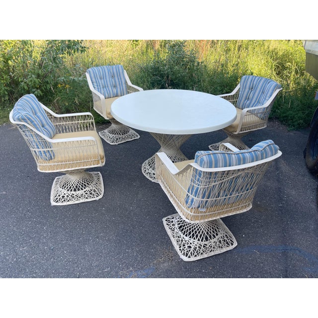 Textile Spun Fiberglass 5 Pieces Round Dining Table 4 Chair Russel Woodard Outdoor Set For Sale - Image 7 of 14