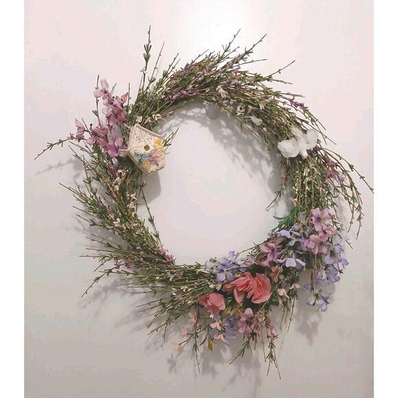 2020s Field of Flowers Spring Summer Door Wreath 18" Crochet Feather Bird House Wall For Sale - Image 5 of 11