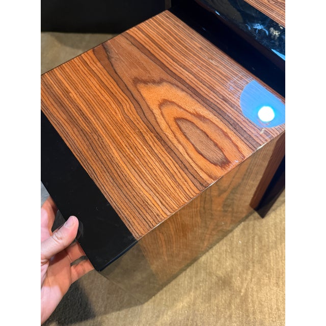 Burnt Umber Mid Century Modern Stacking Table Set High Gloss and Zebrawood in the Style of Willy Rizzo. For Sale - Image 8 of 12