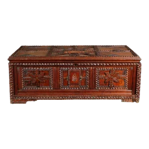19th-C. Victorian Era Continental Carved Tramp Art / Folk Art Trunk or Box