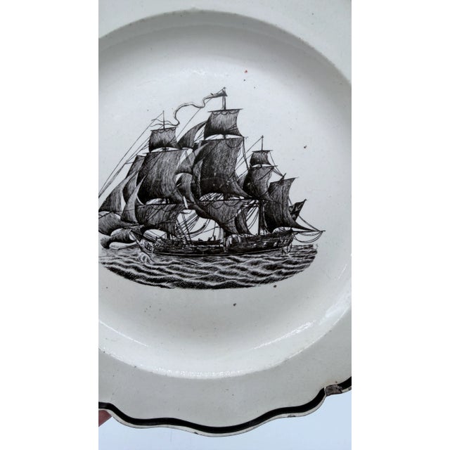 A Very Nice Antique English Liverpool Creamware Plate With Black Transfer Ship, Circa 1780's For Sale - Image 12 of 14