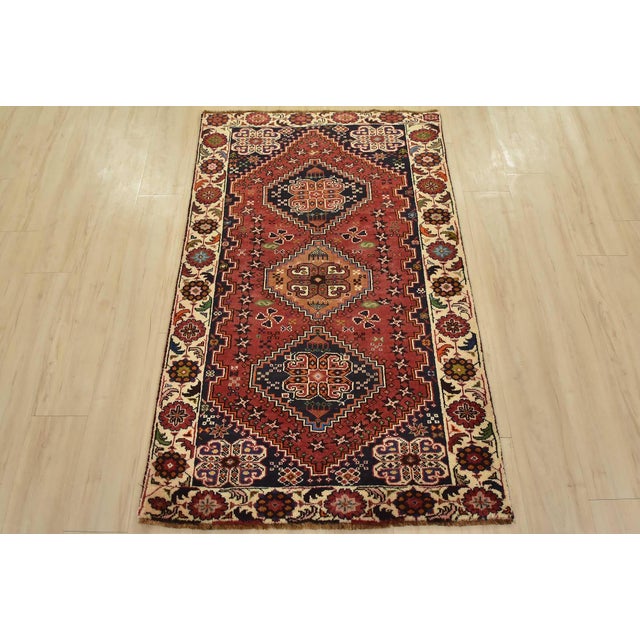 Tribal Qashqai Rug 3’5” X 5’5” Red Wool Vintage Tribal Hand-Knotted Oriental Carpet For Sale - Image 3 of 12
