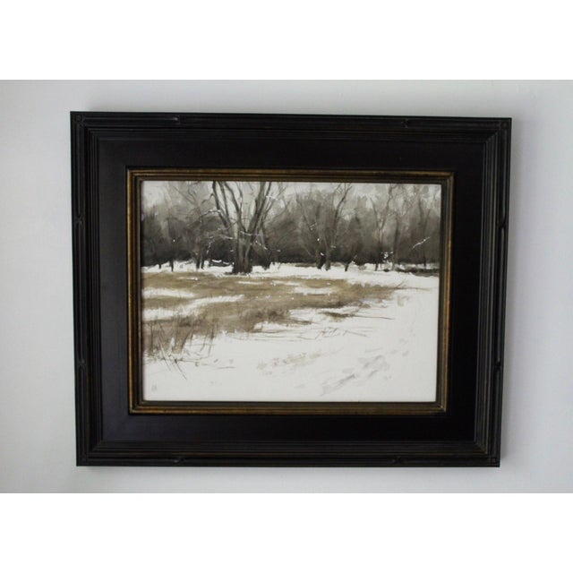 This artwork depicts a serene winter landscape, where muted browns and soft whites blend seamlessly, capturing the...